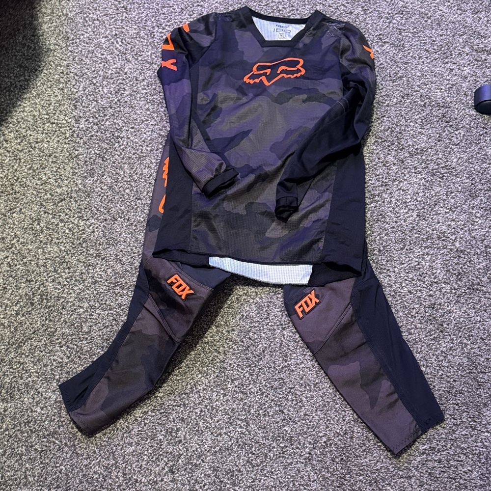 Fox Black Camo Motocross Jersey & Pants with Orange Logos